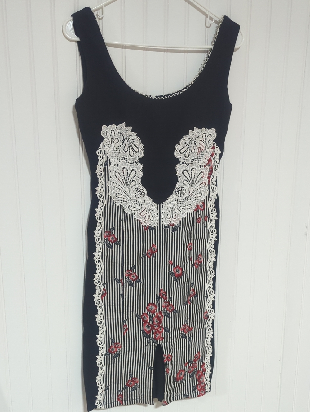 Save The Queen Black Midi Dress with White Lace & Red Floral Accents